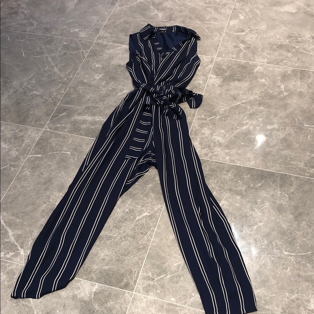 Express Navy/White/black Striped Jumpsuit sz M